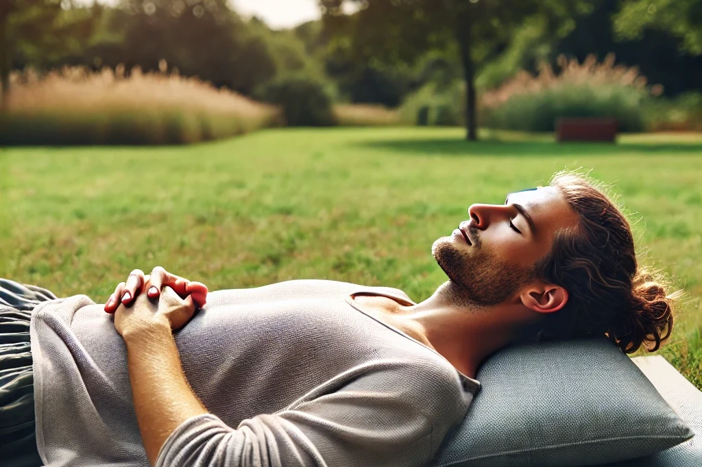 a european person lying on an outdoor yoga mat, practicing mindfulness. the person is in a calm, serene environment with a peaceful expression