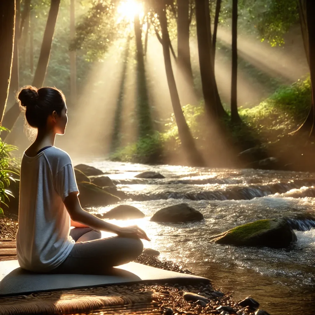 a calming, serene scene of a person practicing mindfulness through breathing exercises in a natural setting. the person is seated cross legged