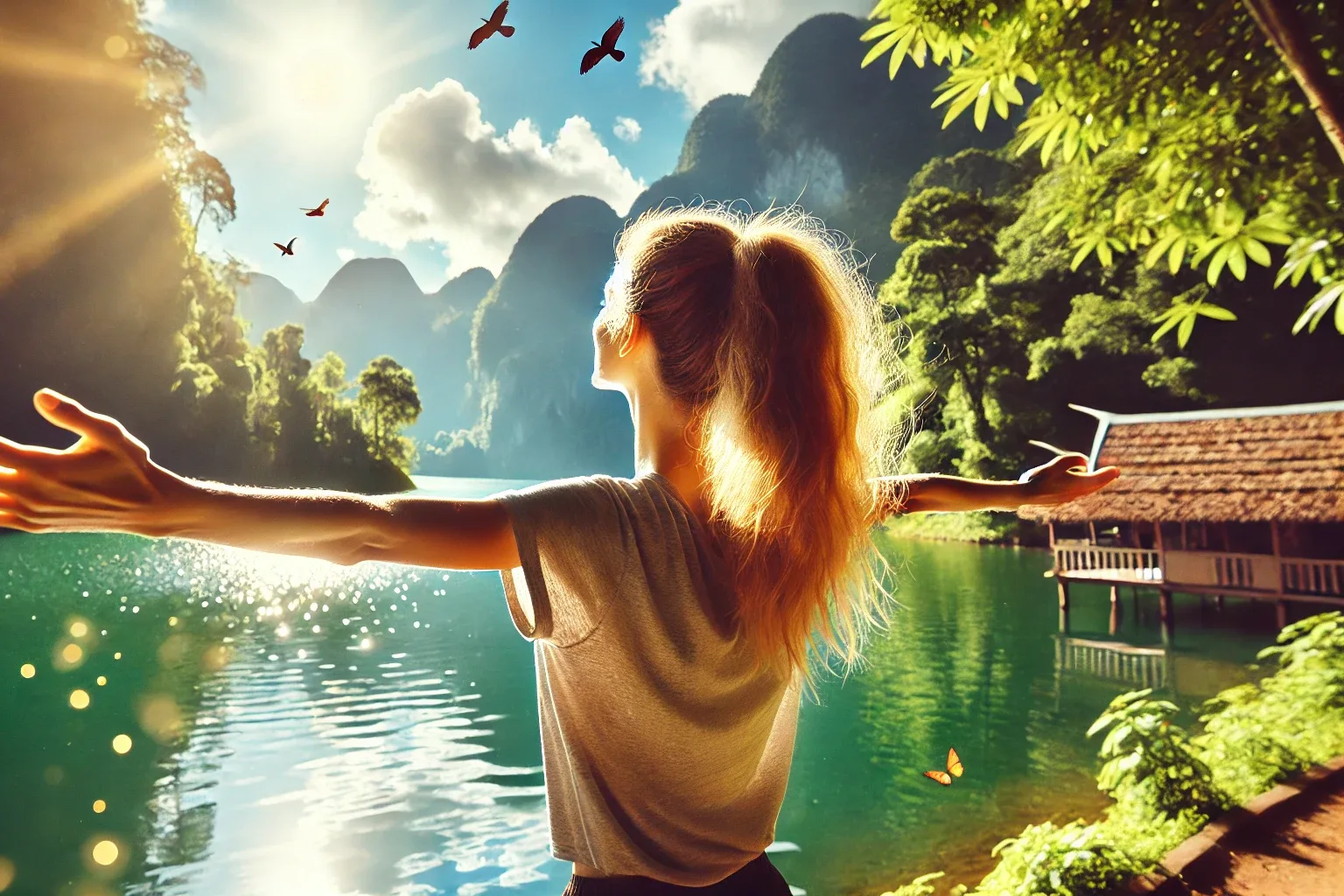 a close up, side angle view of a traveler standing by a peaceful lake, with arms outstretched, embracing nature. the traveler is facing the lake