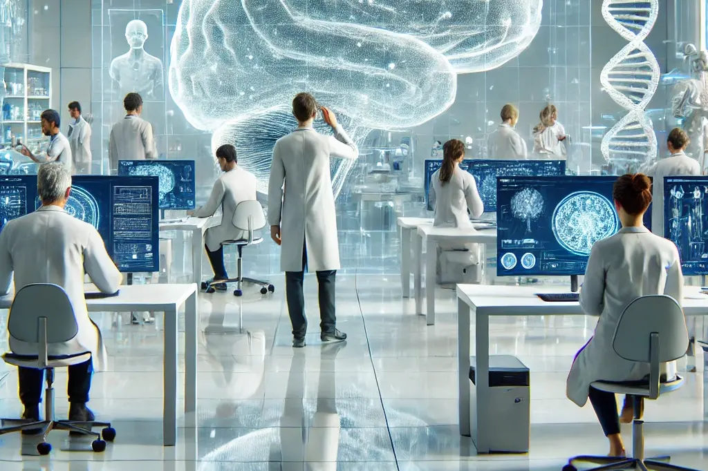 a group of scientists in a modern lab setting, conducting research on the human brain without making the brain overly visible.