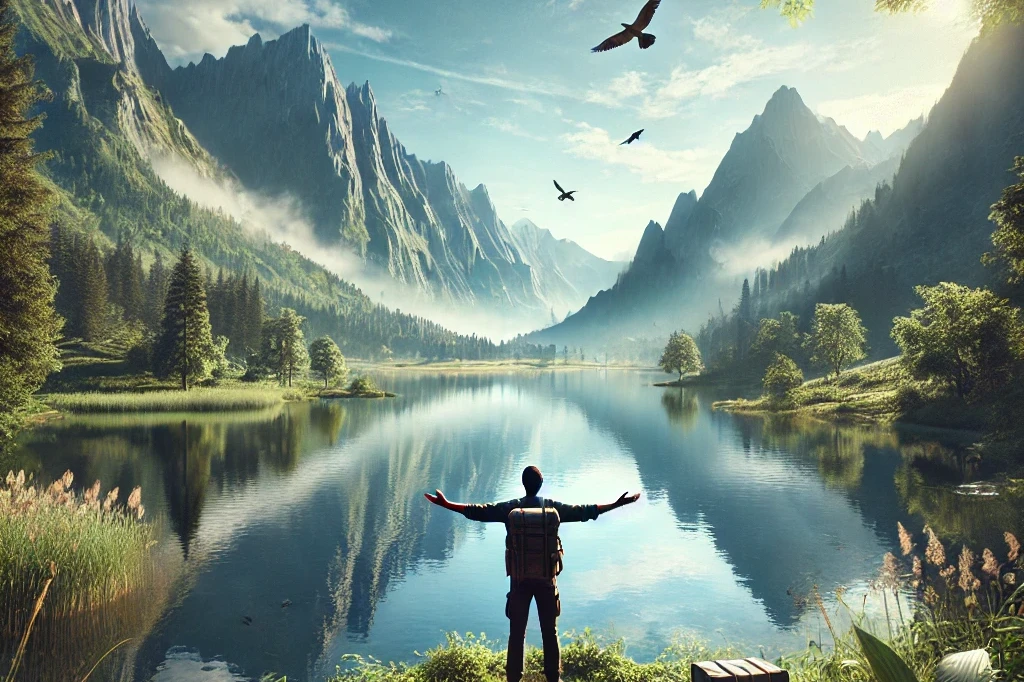 a highly realistic scene of a traveler standing in front of a serene lake, surrounded by majestic mountains.