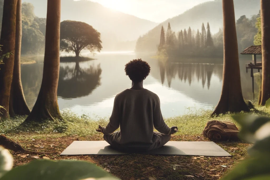 a peaceful outdoor scene showing an african or asian person practicing mindfulness near a lake. the individual is seated cross legged on a yoga mat