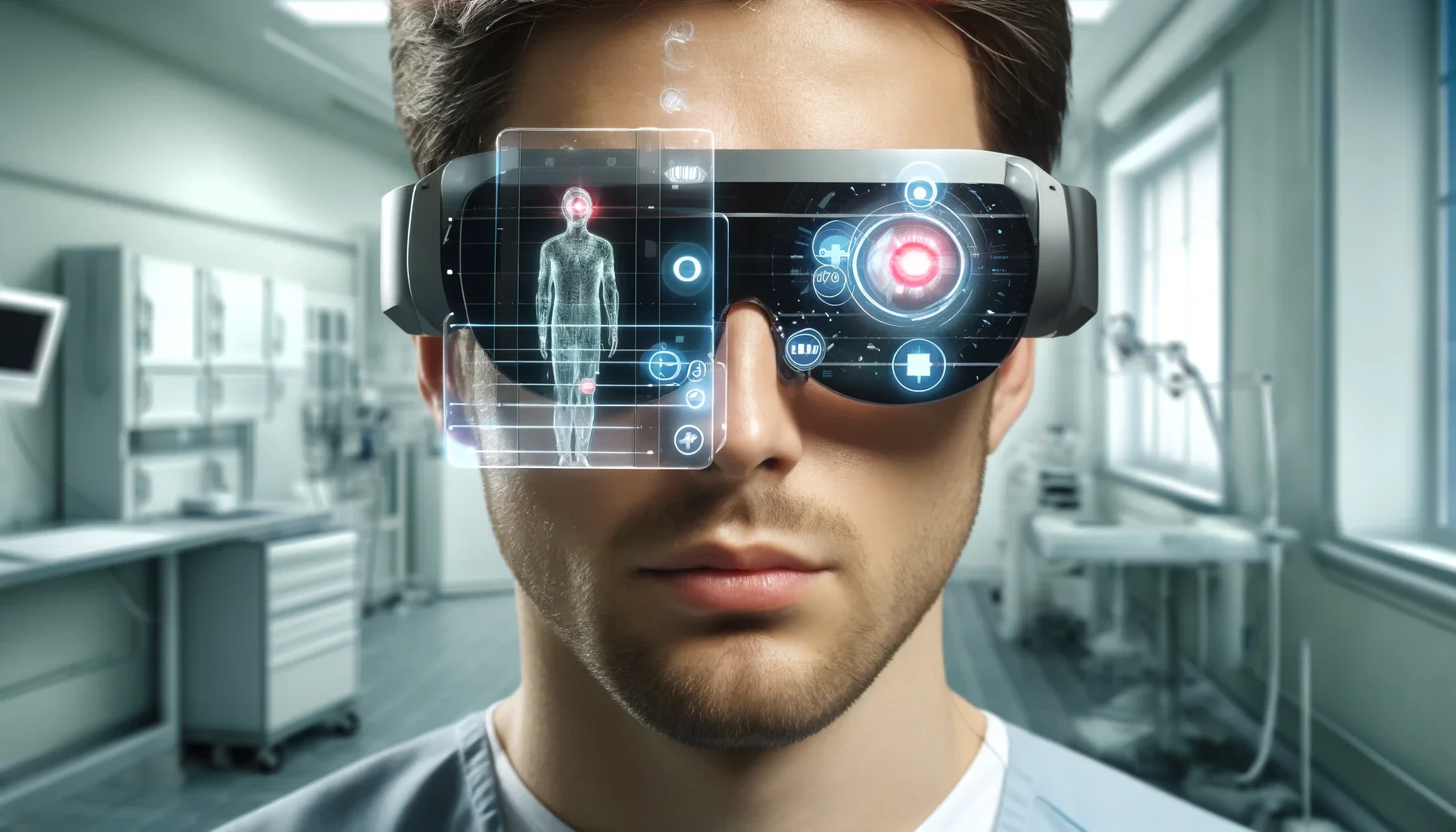 a person wearing augmented reality (ar) glasses as part of a visual prosthetic system. the patient is indoors