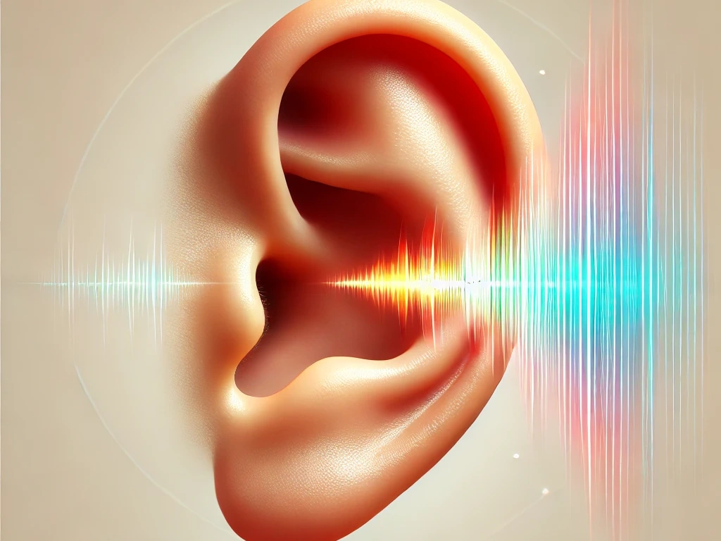 a realistic close up illustration of a human ear with sound waves entering it. the ear should look natural and detailed