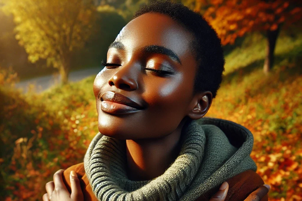 a realistic close up of an african woman standing in a field of fallen autumn leaves, fully clothed, with her eyes open and a peaceful