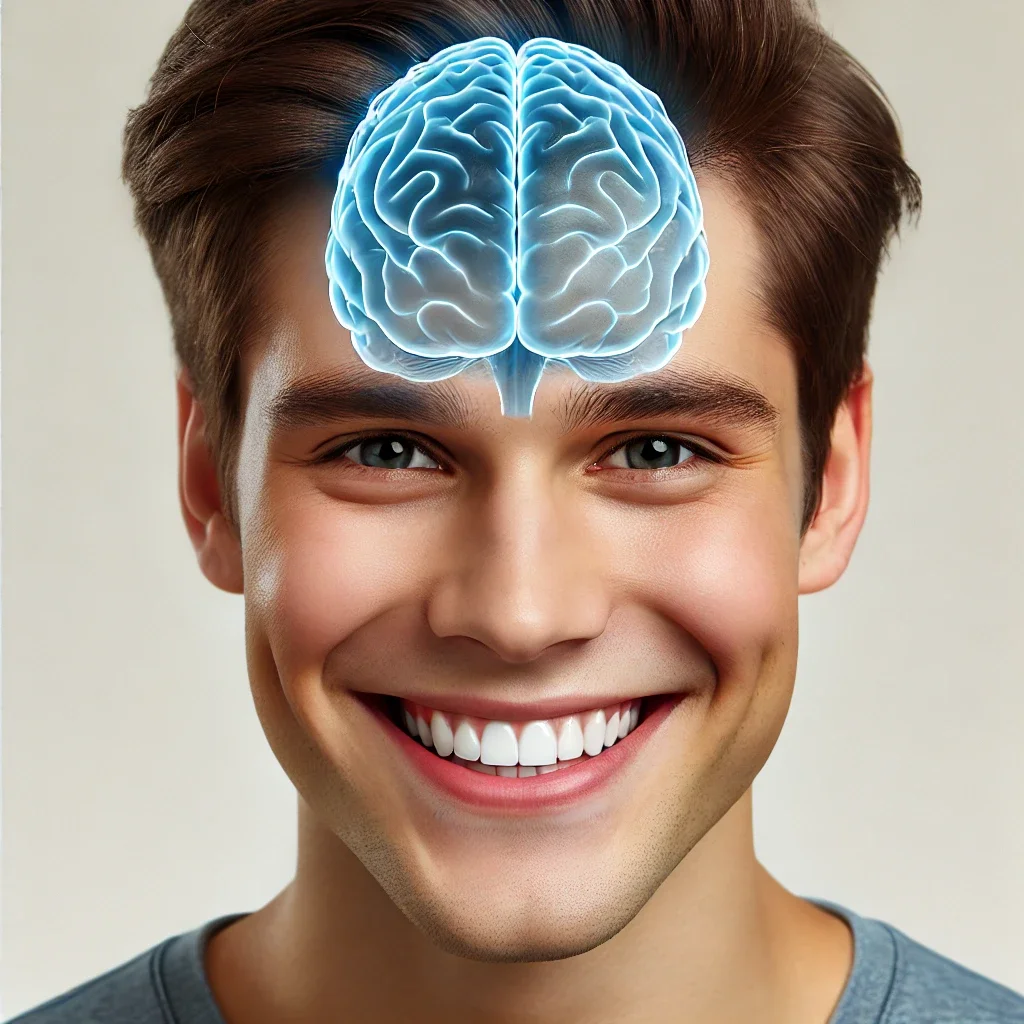 a realistic illustration of a smiling person with a semi transparent brain overlay on their head, showing the structure of the brain.