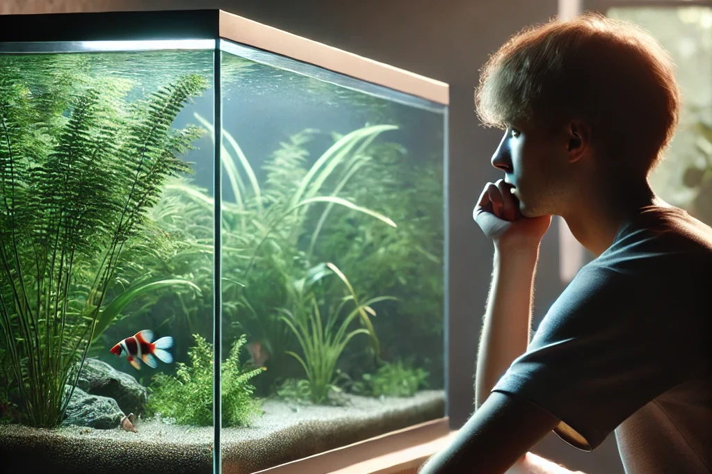 a realistic scene of a person sitting quietly and observing a fish tank. the person is calm and focused, watching the fish swim peacefully