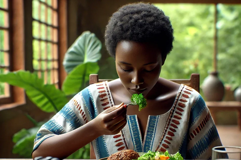 a realistic scene showing an african woman practicing mindful eating, with a single plate of food on the table in front of her.