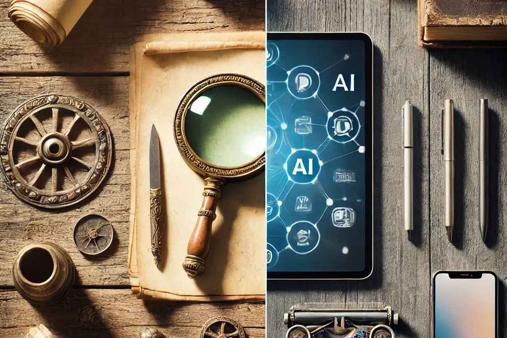 a split screen image with two halves. the left side shows an ancient roman magnifying glass on an old, rustic wooden table, surrounded by scrolls and