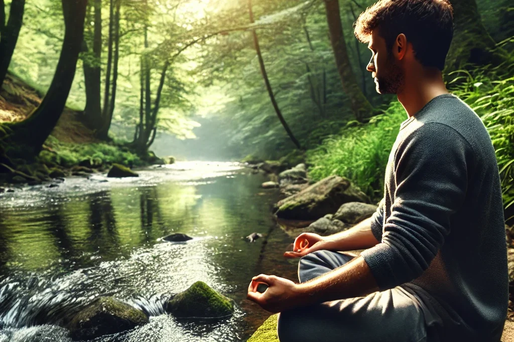 a tranquil scene of someone meditating in nature, sitting on a rock near a flowing stream. the individual is practicing eyes closed