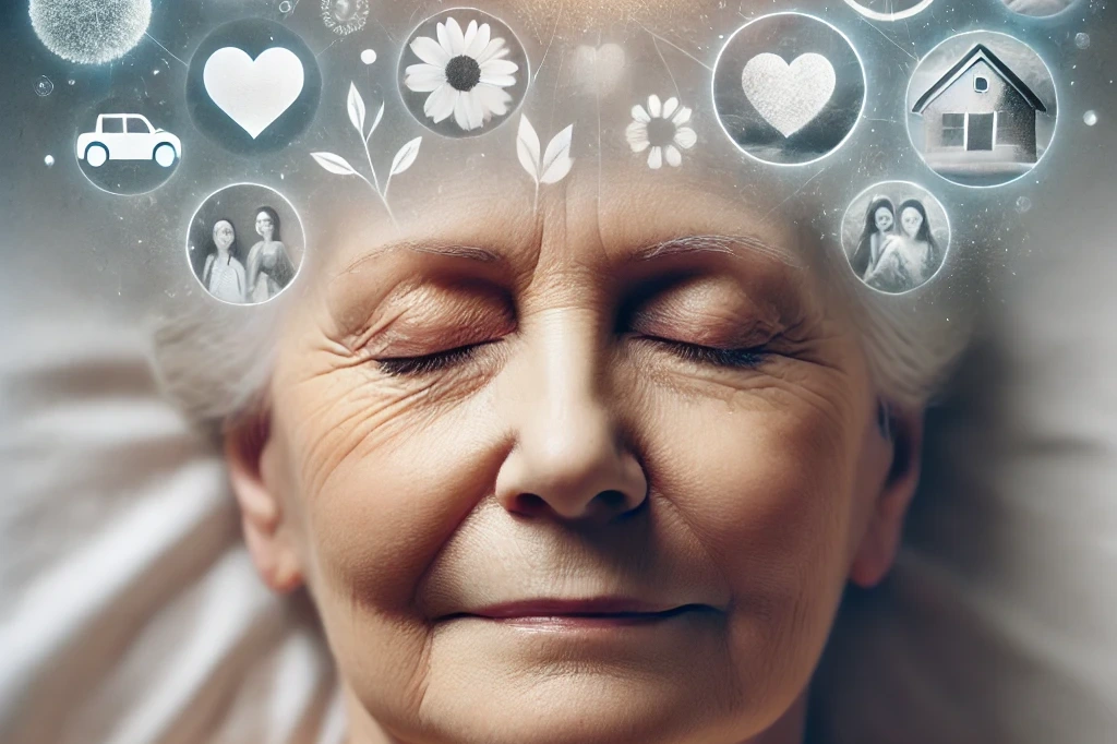 an elderly person with closed eyes sleeping peacefully. the perspective is a frontal view, showing a serene expression. around their head