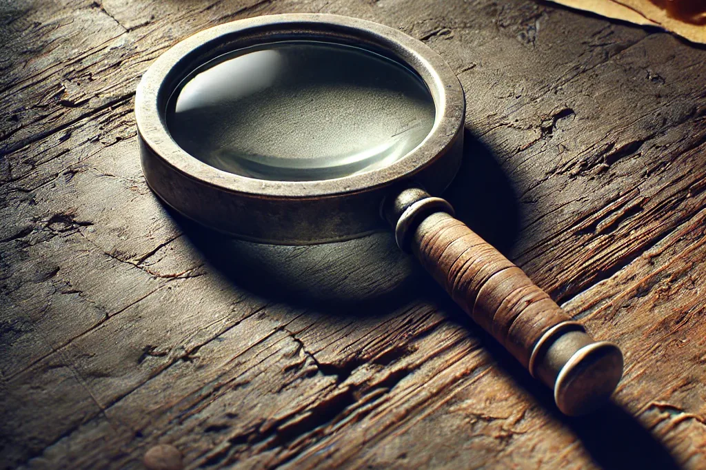 an illustration of a simple, old fashioned magnifying glass placed on a rough, ancient wooden table. the magnifying glass has a basic