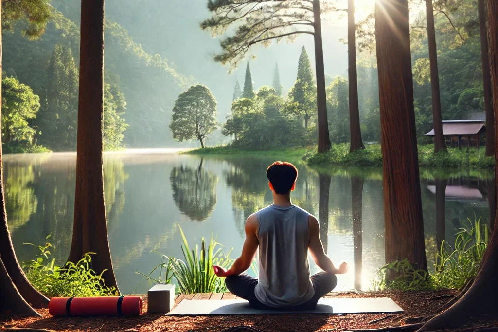 an outdoor scene featuring an asian male practicing mindfulness near a calm lake. the man is seated cross legged on a yoga mat