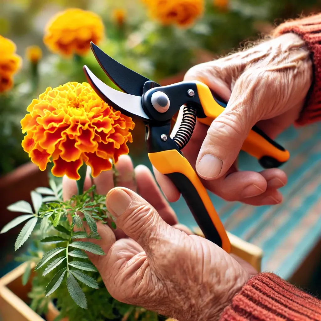 a close up of an elderly person's hand gently pruning a bright, blooming marigold flower, with ergonomic pruning shears designed for easy grip