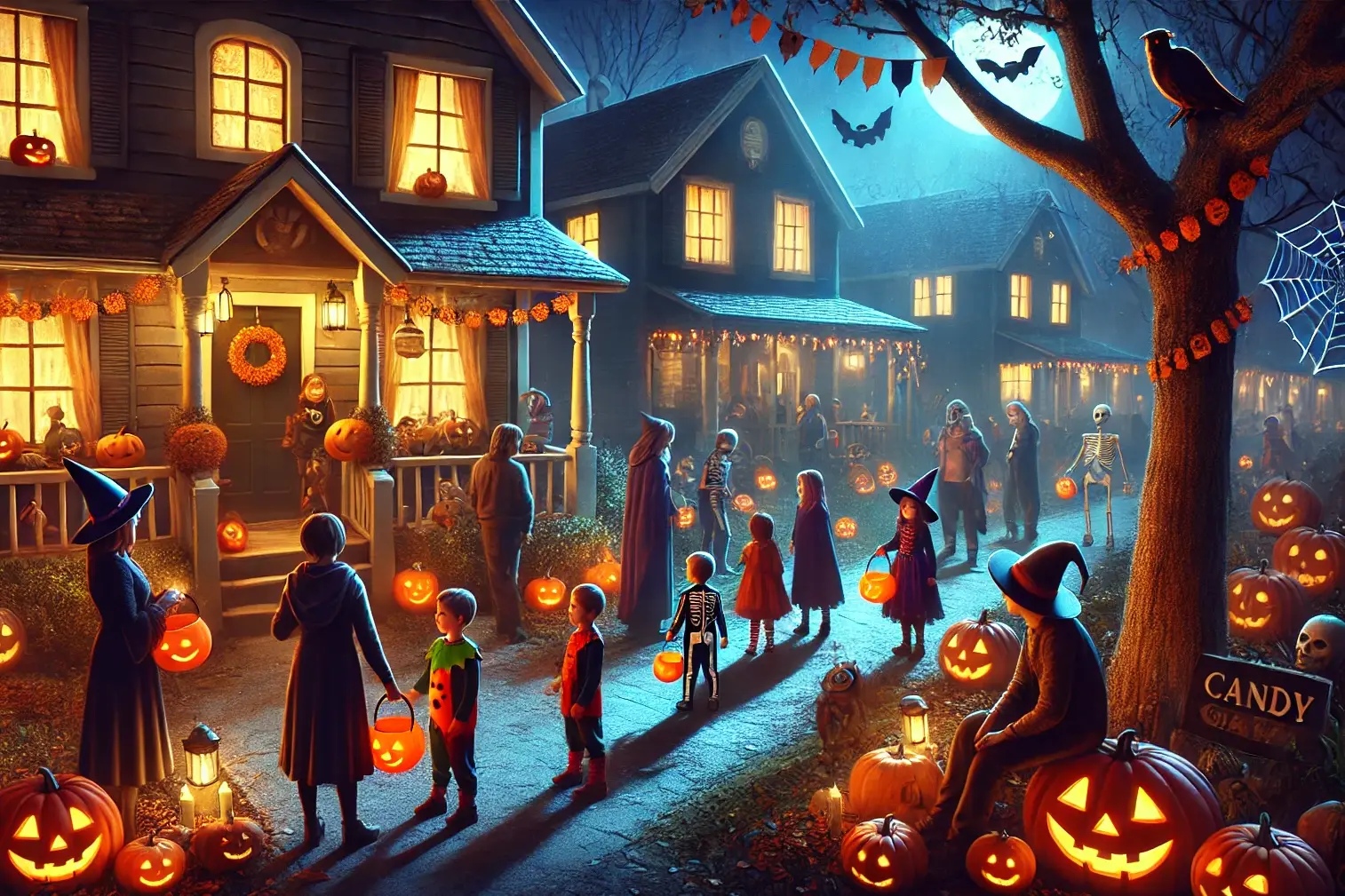 a cozy halloween night scene in a small town with families walking down a well lit street, surrounded by glowing pumpkins, lanterns