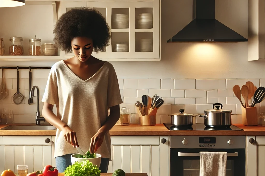 a cozy and simple kitchen scene with an african american housewife cooking. the kitchen features modern, minimalistic appliances with large