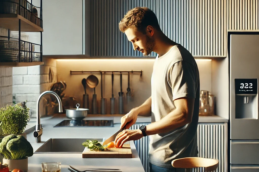 a detailed and modern kitchen scene with a caucasian man cooking. the kitchen has simple, sleek appliances with large, easy to use buttons.