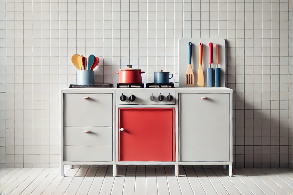 a minimalist kitchen with plain white or light gray tiles on the walls and floor.