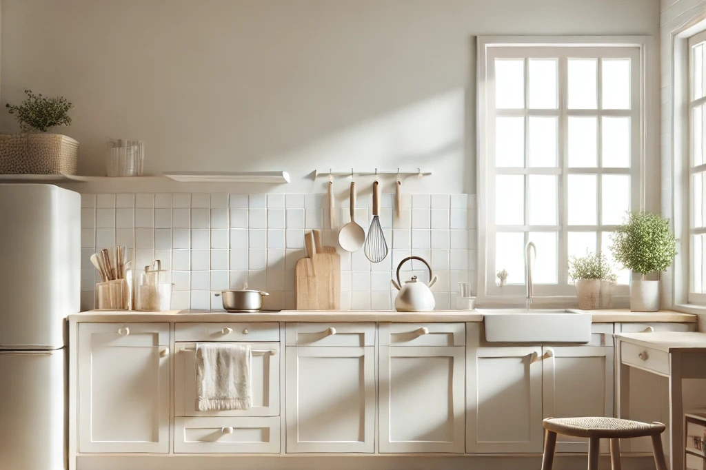 a simple, bright, and unadorned kitchen with a minimalist design. the kitchen features clean lines, basic appliances, and an uncluttered layout.