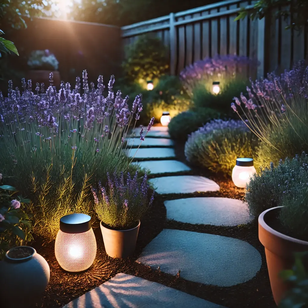 a small garden scene at dusk with soft, ambient led lights illuminating a path lined with lavender plants