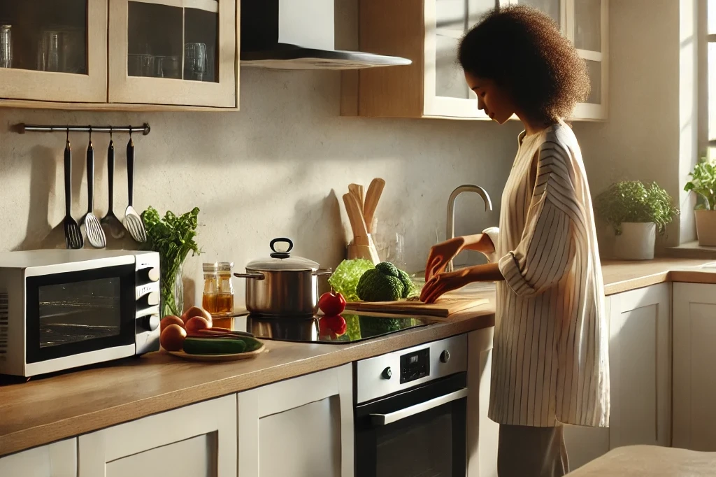 a well organized and simple kitchen scene showing an african american housewife cooking.