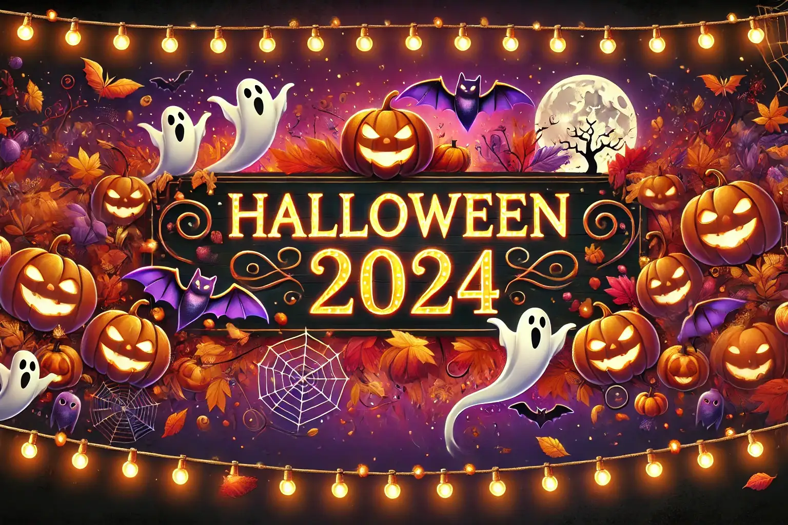 a wide horizontal halloween themed signboard celebrating 'halloween 2024'. the design includes vibrant glowing text, jack o' lanterns