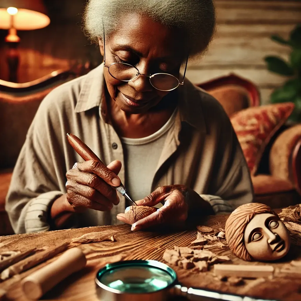 an elderly black person with low vision carefully working on a wood carving project, focused and content. the setting is cozy and warmly lit