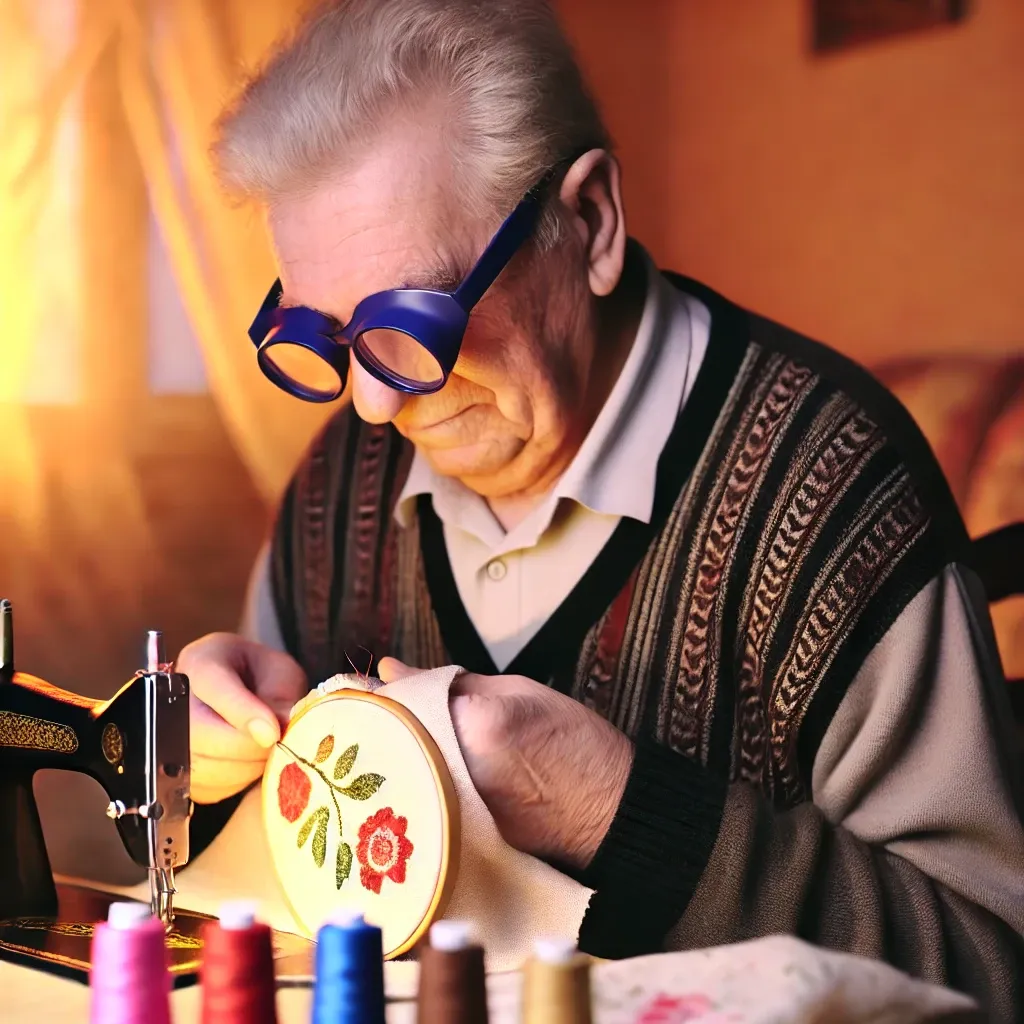 an elderly european man with low vision carefully engaged in sewing and embroidery. he is sitting in a cozy, warmly lit room with sewing tools