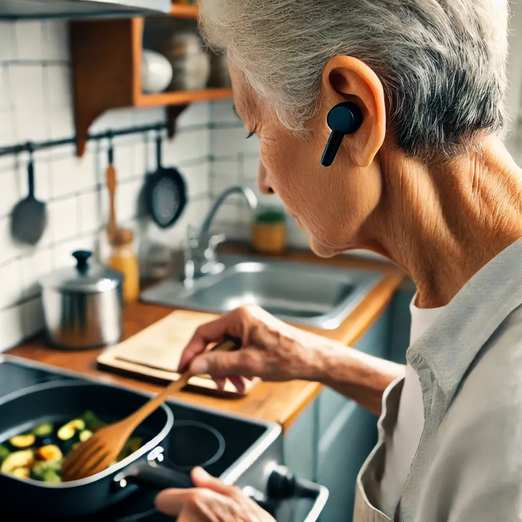 an elderly person wearing small black wireless earbuds cooking in a clean, organized kitchen. the individual is carefully preparing food at the stove