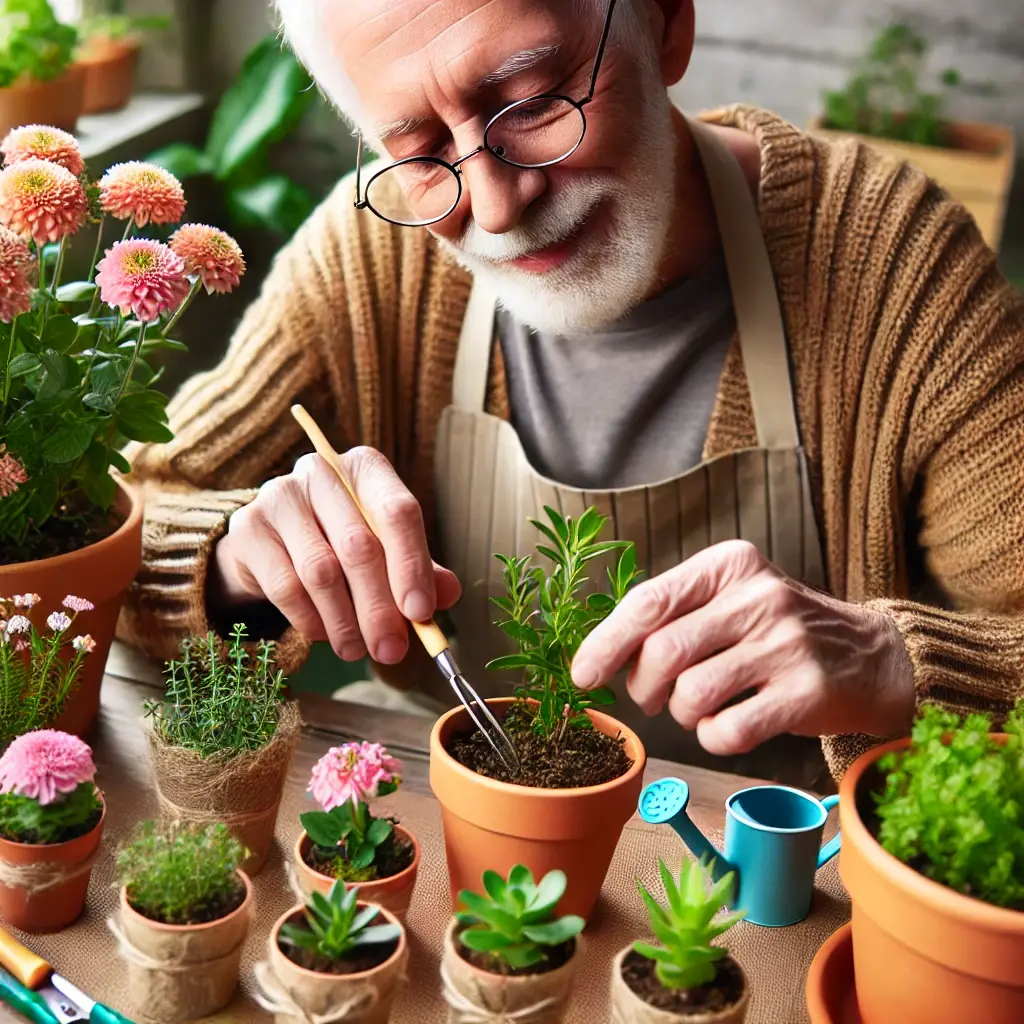 an elderly person with low vision carefully arranging potted plants on a table, with a variety of colorful flowers and herbs around