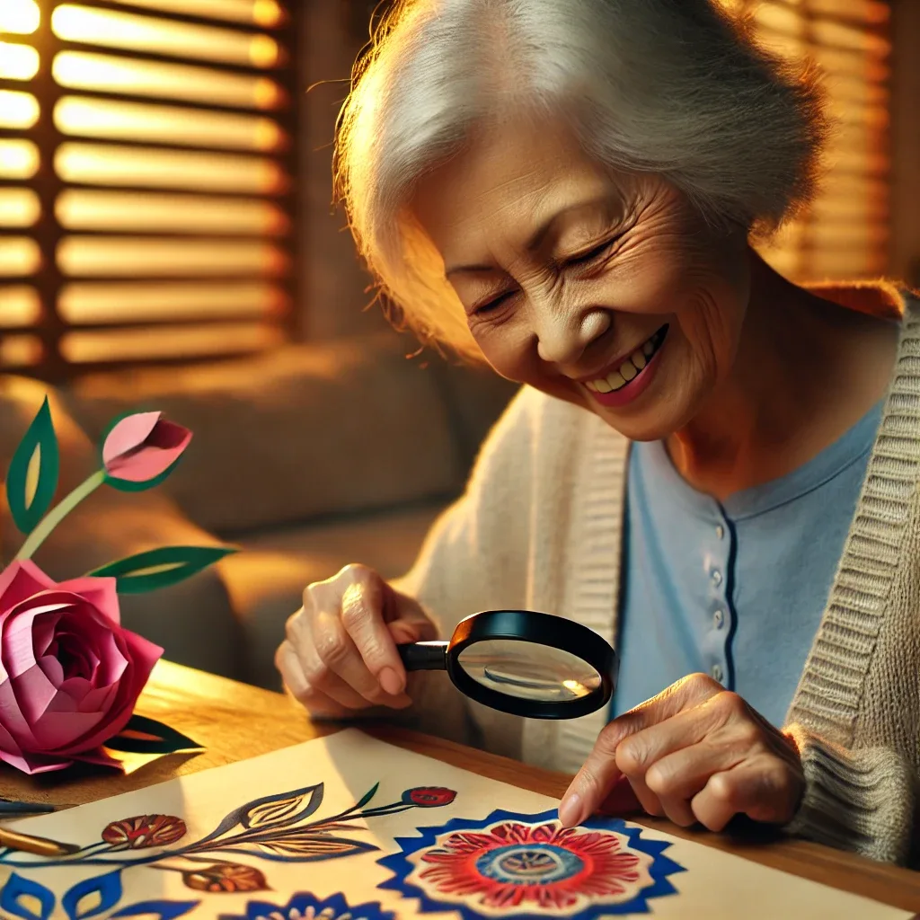 an elderly person with low vision happily creating traditional paper cut designs, smiling softly while working.