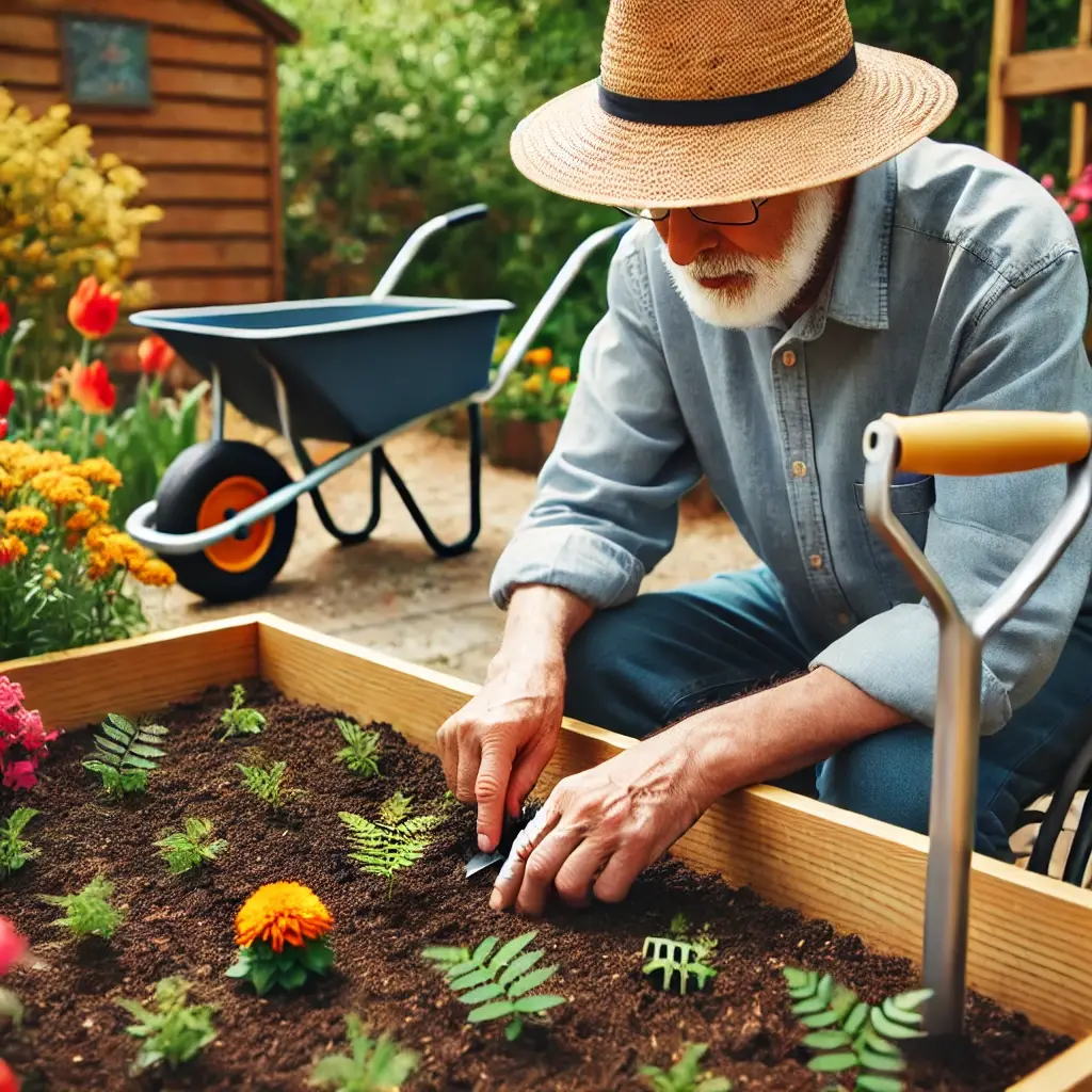 an elderly person with low vision wearing a sun hat, carefully planting seeds in a raised garden bed, surrounded by colorful flowers and plants.