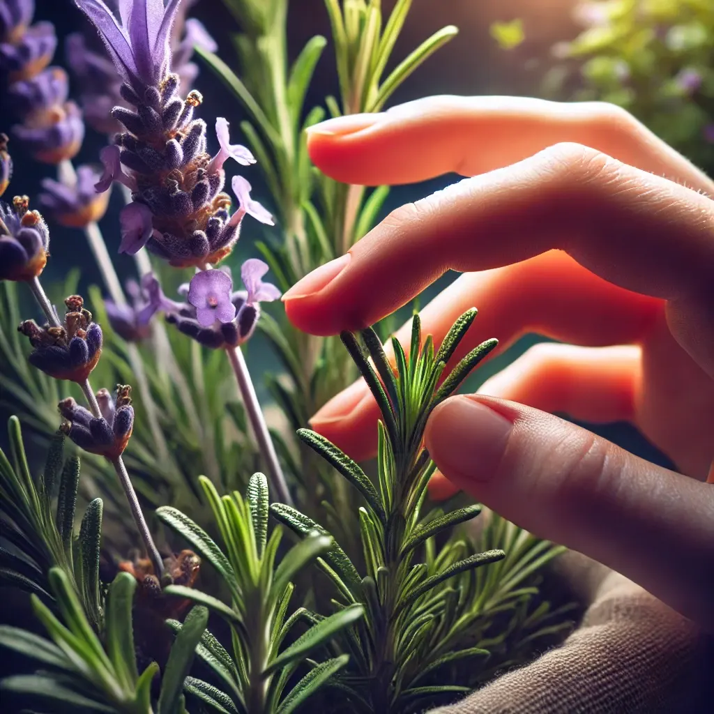 close up of a hand touching and smelling rosemary and lavender plants, illustrating the sensory experience of gardening through touch and smell