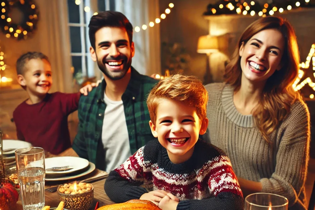 a cheerful family celebrating a holiday together, featuring a young boy happily sitting at the dining table with his parents and siblings.