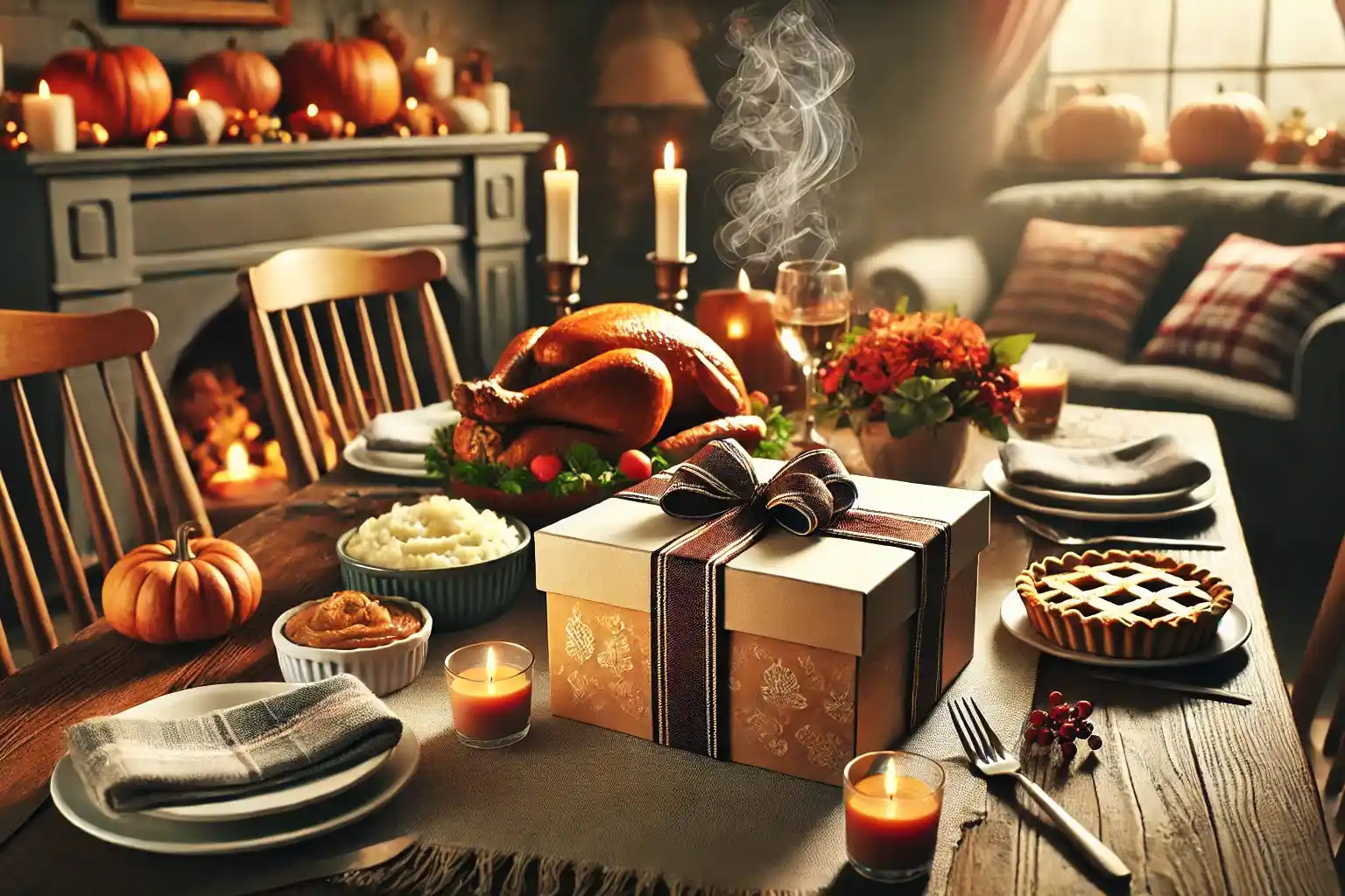 a cozy thanksgiving scene featuring a small dining table designed for four people, with a rectangular gift box prominently displayed in the center