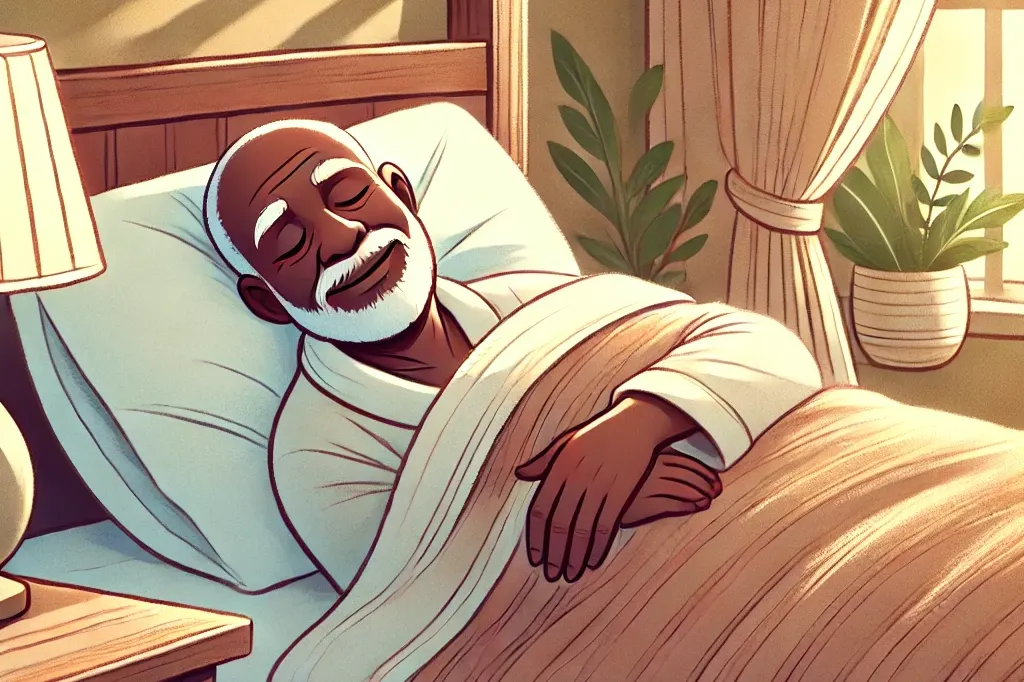 a peaceful illustration of an elderly african man sleeping serenely on a comfortable bed. the man has a gentle smile on his face