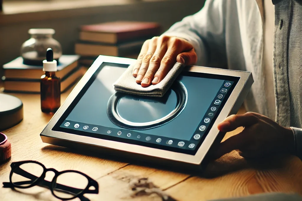 a person carefully cleaning the screen of an electronic magnifier on a desk. the scene shows the person focused on the task