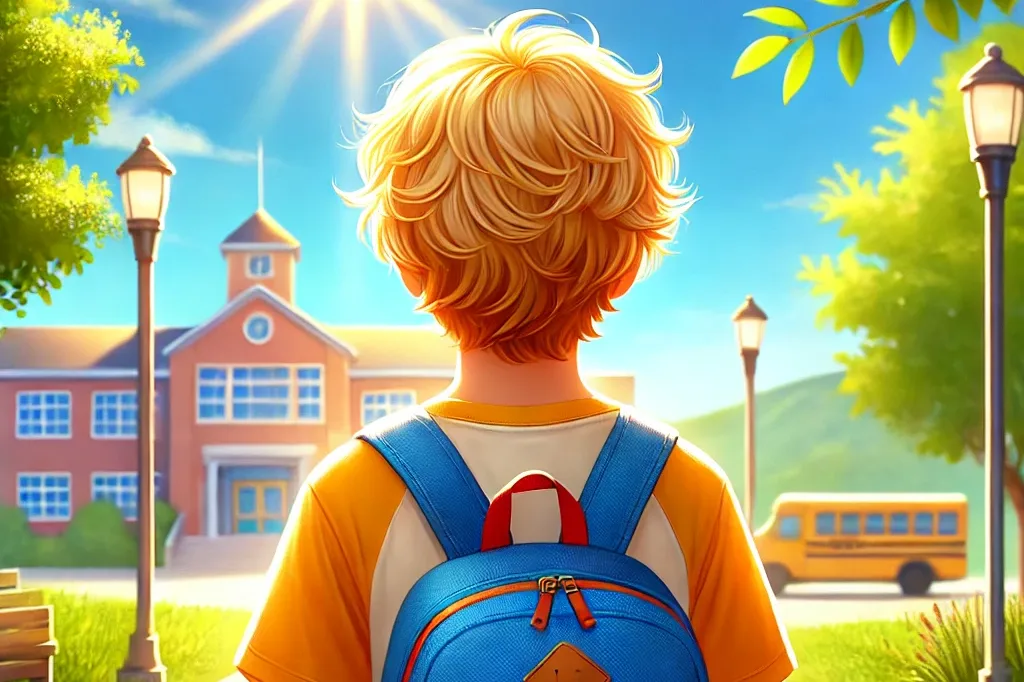 a realistic illustration of the back view of a blond haired young boy with a colorful backpack, walking down a sunny path towards school.