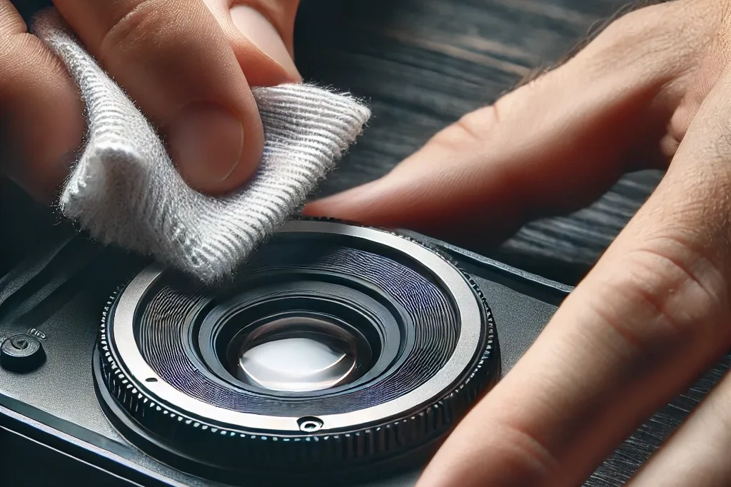 a user carefully cleaning the lens of an electronic visual aid. the lens has a small amount of dust or fingerprint smudges.