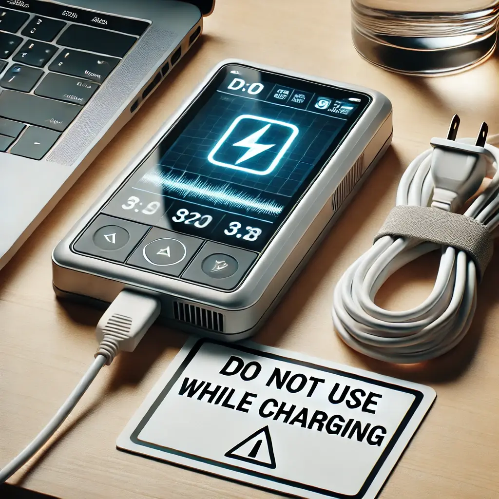 an electronic visual aid charging on a desk, with a power cable connected to the device. a clear and prominent warning label next to the device read