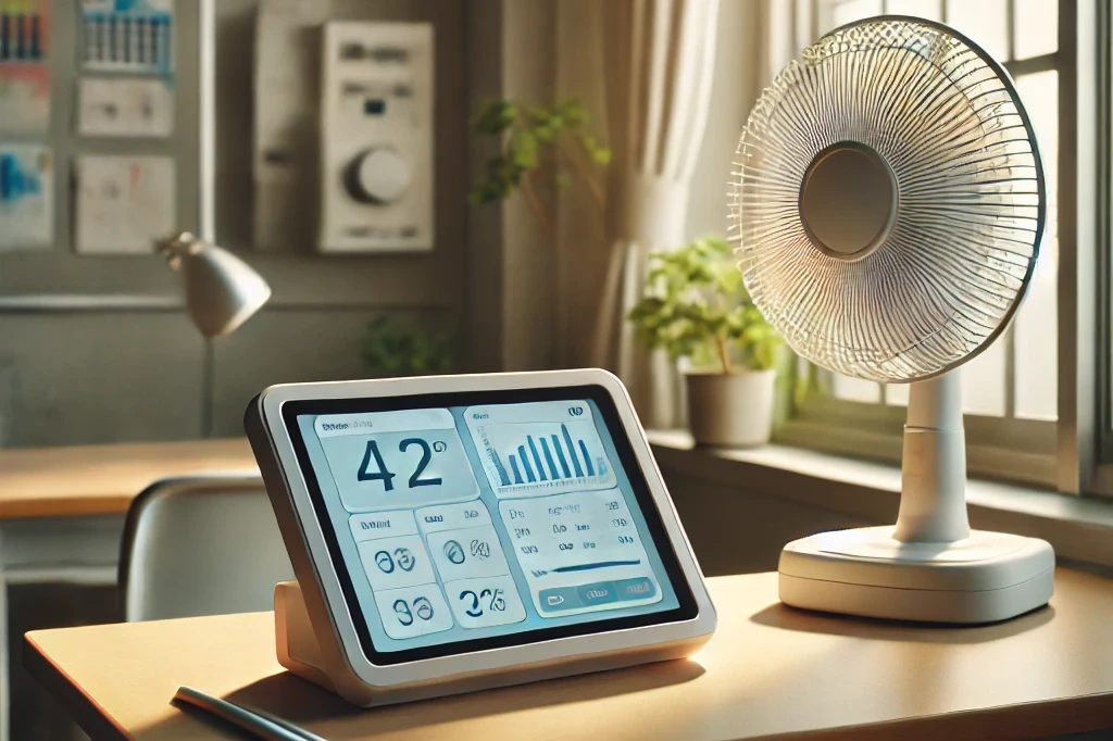 an electronic visual aid placed on a desk in a well ventilated room with an open window and a small fan running nearby.