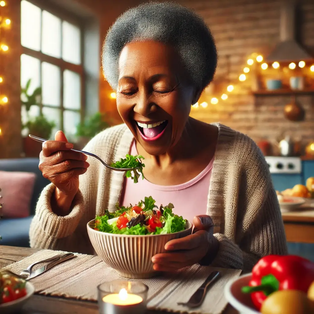 a cheerful and heartwarming scene of an elderly black person sitting at a cozy dining table, trying a new and colorful dish of food with an excited an