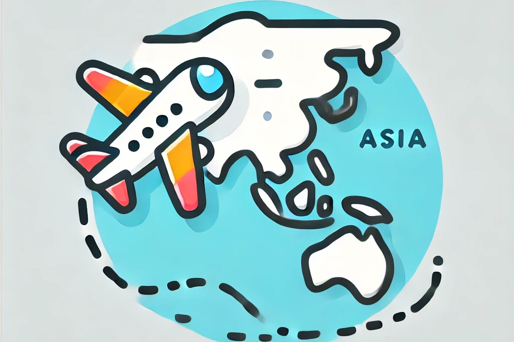 a clean and cheerful cartoon icon representing travel to asia. it features a colorful airplane flying toward a simplified outline of asia. the airplan