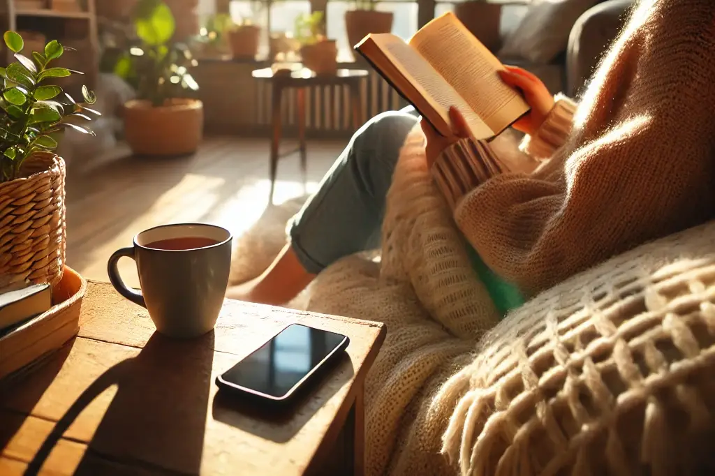 a cozy and peaceful scene of a person sitting comfortably in a sunny reading nook with a soft blanket, reading a book while ignoring their smartphone