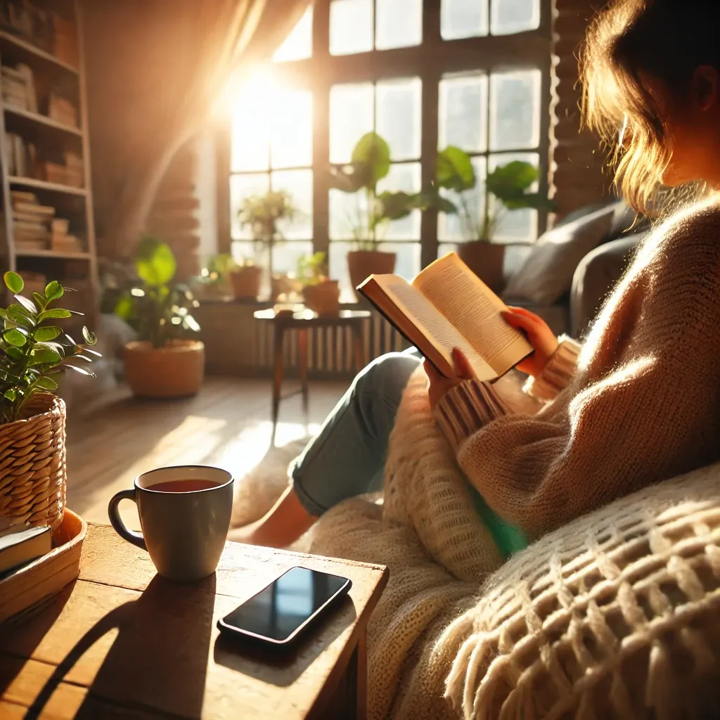 a cozy and peaceful scene of a person sitting comfortably in a sunny reading nook with a soft blanket, reading a book while ignoring their smartphone