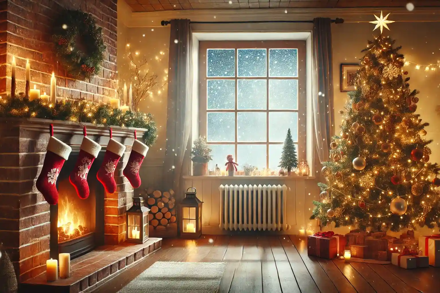 a cozy living room decorated for christmas, with a christmas tree, stockings hanging on the fireplace,