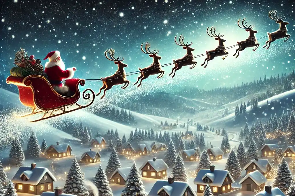 a festive winter scene with santa claus riding his sleigh across a snowy landscape flying over a small village with snow covered roofs