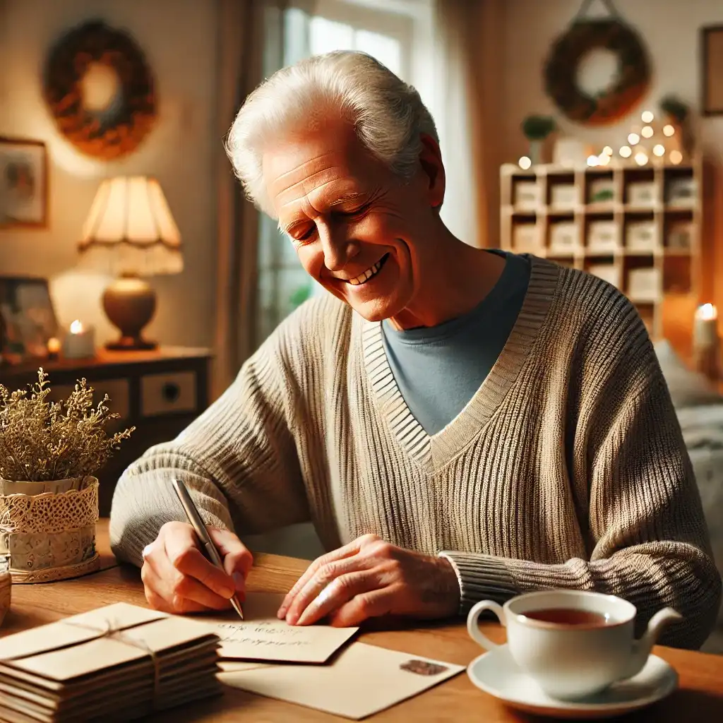 a heartwarming scene of an elderly man sitting at a cozy table, writing a handwritten note with a warm and content smile. the room is warmly lit, feat