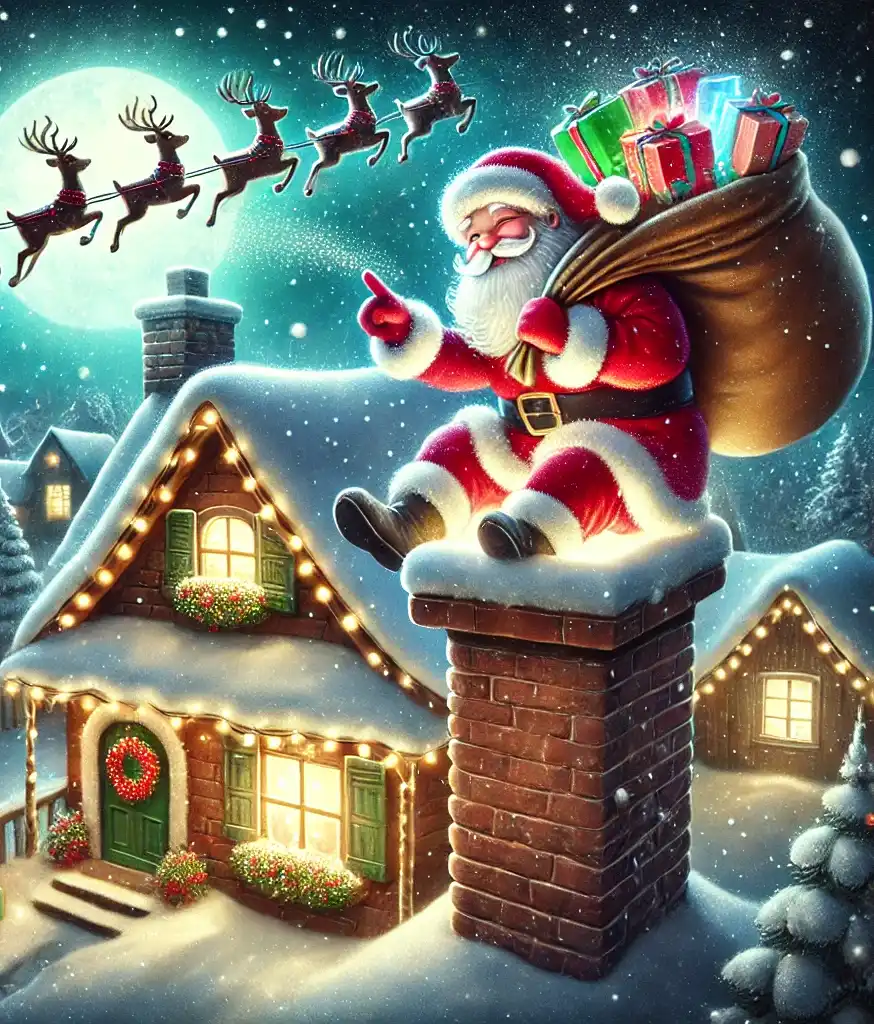 a magical illustration of santa claus sliding down a chimney on a snowy christmas eve