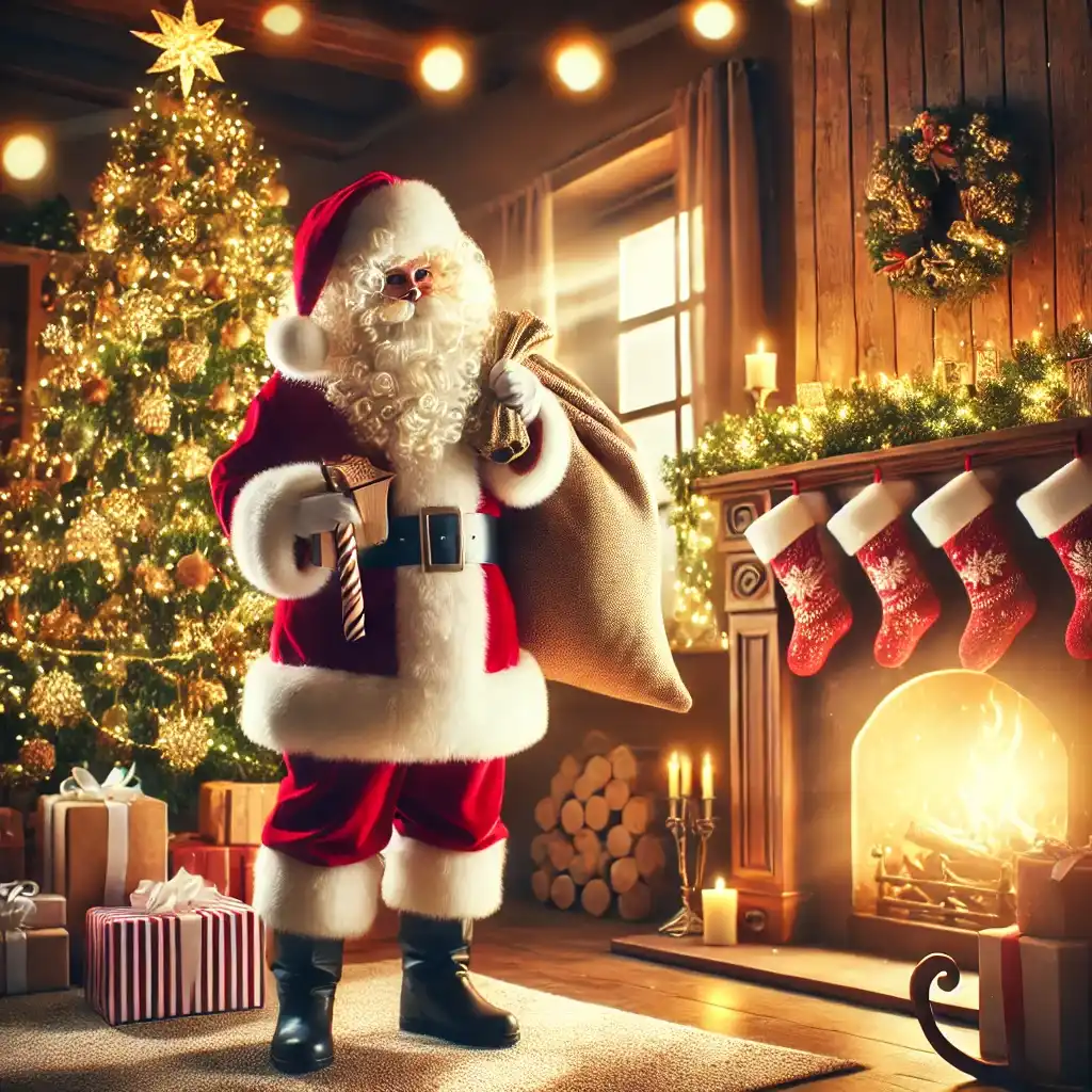 a magical scene of santa claus standing near a fireplace, holding a gift bag filled with presents, with a glowing christmas tree in the background.